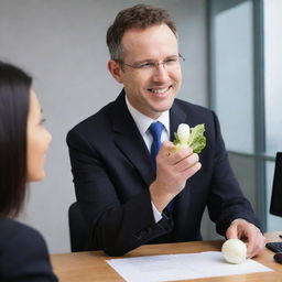 A boss in a professional attire, generously offering a pristine white radish to a grateful employee in an office setting.