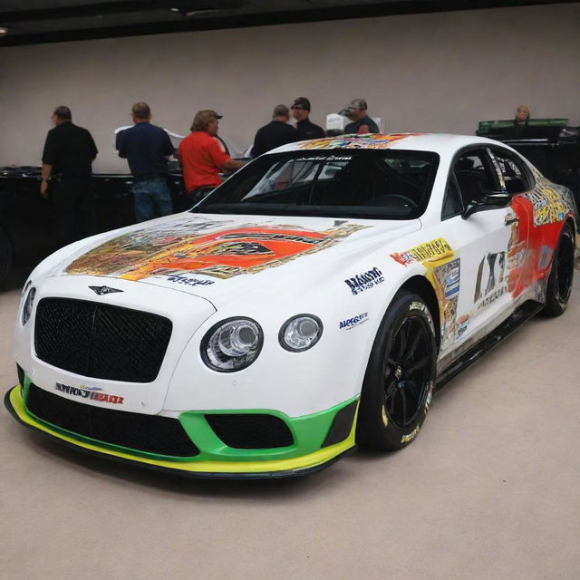 A Bentley remodeled in a NASCAR fashion, showcasing bright colors, racing alterations, and adorned with an array of sponsor logos.