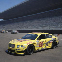 A Bentley remodeled in a NASCAR fashion, showcasing bright colors, racing alterations, and adorned with an array of sponsor logos.