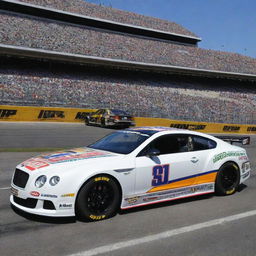 A Bentley remodeled in a NASCAR fashion, showcasing bright colors, racing alterations, and adorned with an array of sponsor logos.