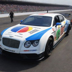 A Bentley remodeled in a NASCAR fashion, showcasing bright colors, racing alterations, and adorned with an array of sponsor logos.