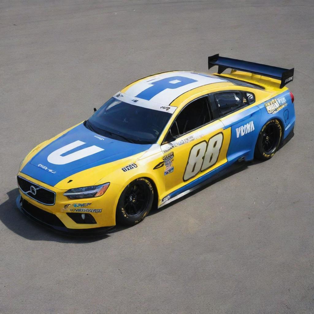 A Volvo car reimagined into a NASCAR variant, featuring bold colors, race-specific modifications, and embellished with multiple sponsor logos.