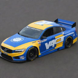 A Volvo car reimagined into a NASCAR variant, featuring bold colors, race-specific modifications, and embellished with multiple sponsor logos.