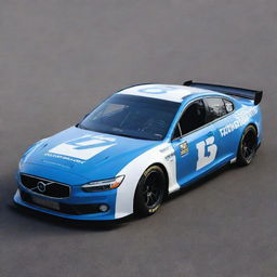 A Volvo car reimagined into a NASCAR variant, featuring bold colors, race-specific modifications, and embellished with multiple sponsor logos.