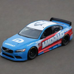 A Volvo car reimagined into a NASCAR variant, featuring bold colors, race-specific modifications, and embellished with multiple sponsor logos.