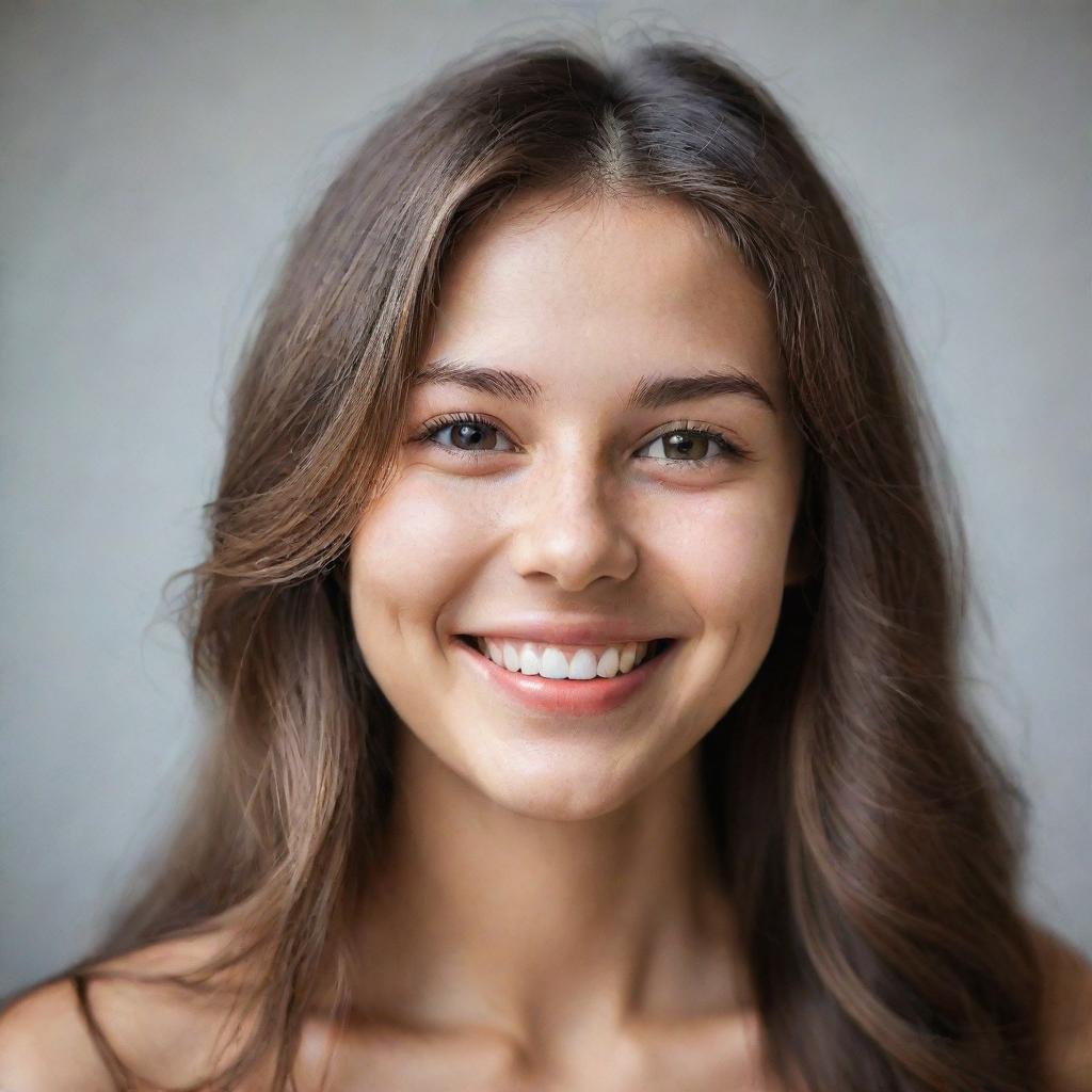 Portrait of a girl with long hair, endearing dimples on her cheeks, healthy fit body, and radiant skin tone