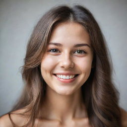 Portrait of a girl with long hair, endearing dimples on her cheeks, healthy fit body, and radiant skin tone