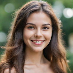 Portrait of a girl with long hair, endearing dimples on her cheeks, healthy fit body, and radiant skin tone