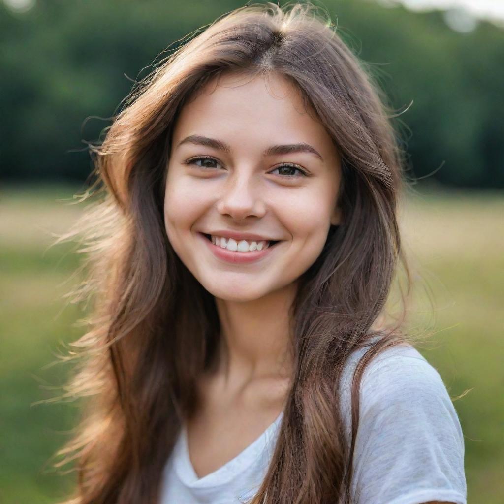 Portrait of a girl with long hair, endearing dimples on her cheeks, healthy fit body, and radiant skin tone