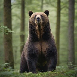 A detailed, high resolution image of a majestic bear standing in a lush green forest