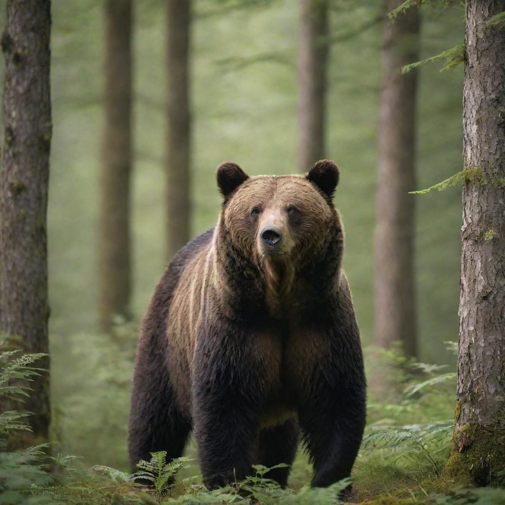 A detailed, high resolution image of a majestic bear standing in a lush green forest