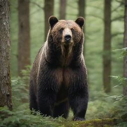 A detailed, high resolution image of a majestic bear standing in a lush green forest