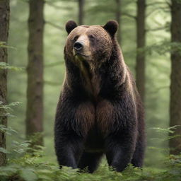 A detailed, high resolution image of a majestic bear standing in a lush green forest