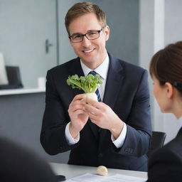 A confident boss in a business suit handing over a crisp, white radish to an appreciative employee in an office environment.