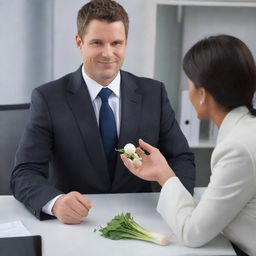 A confident boss in a business suit handing over a crisp, white radish to an appreciative employee in an office environment.