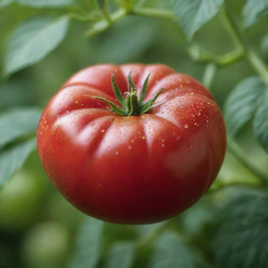 A ripe, juicy tomato glistening with dew against a contrasting green leafy background.