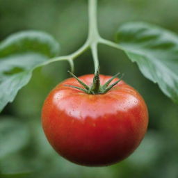 A ripe, juicy tomato glistening with dew against a contrasting green leafy background.