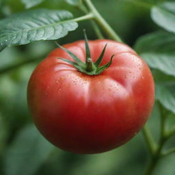 A ripe, juicy tomato glistening with dew against a contrasting green leafy background.