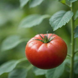 A ripe, juicy tomato glistening with dew against a contrasting green leafy background.