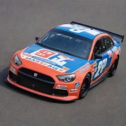 A Fiat car revamped into a Nascar style, with bright colors, racing enhancements, and adorned with various sponsor decals.