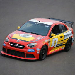 A Fiat car revamped into a Nascar style, with bright colors, racing enhancements, and adorned with various sponsor decals.