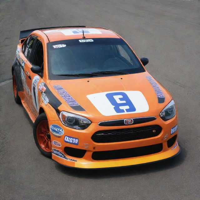 A Fiat car revamped into a Nascar style, with bright colors, racing enhancements, and adorned with various sponsor decals.