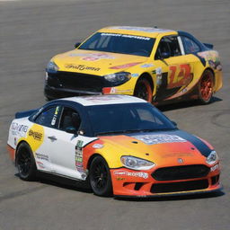 A Fiat car revamped into a Nascar style, with bright colors, racing enhancements, and adorned with various sponsor decals.