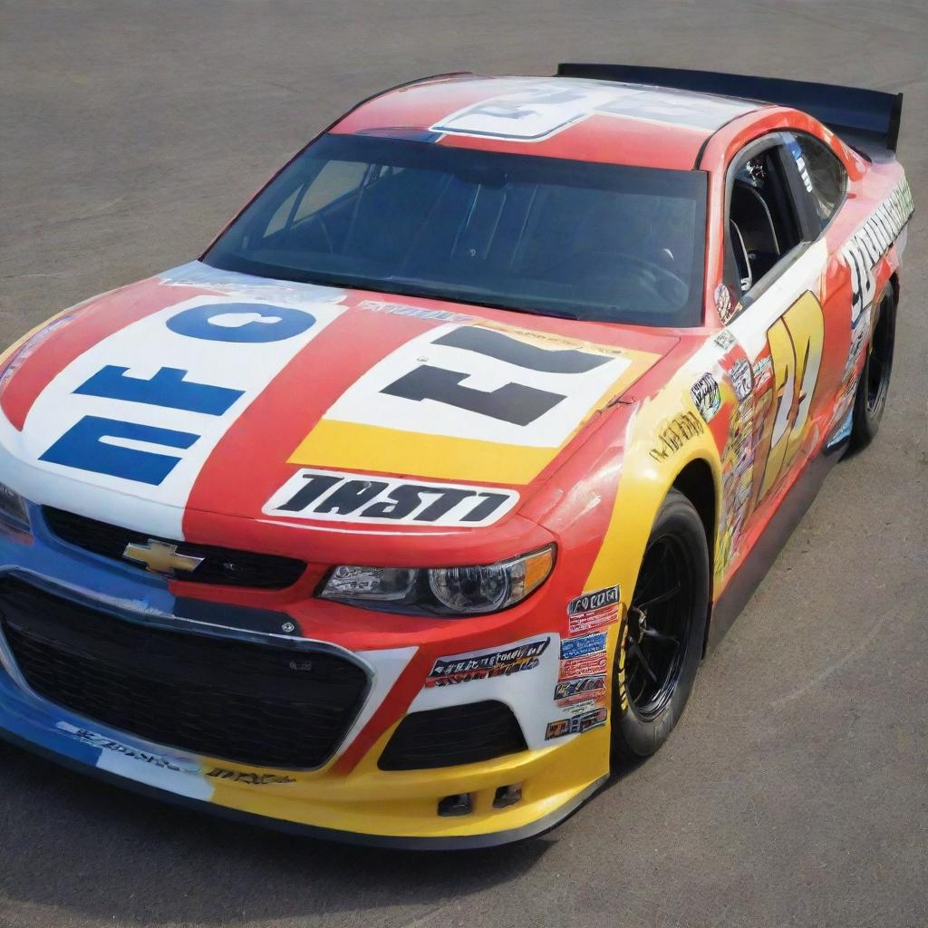 A Chevrolet car restyled into a NASCAR version, boasting vibrant colors, race-ready modifications, and garnished with a myriad of sponsorship logos.