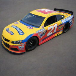 A Chevrolet car restyled into a NASCAR version, boasting vibrant colors, race-ready modifications, and garnished with a myriad of sponsorship logos.