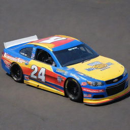 A Chevrolet car restyled into a NASCAR version, boasting vibrant colors, race-ready modifications, and garnished with a myriad of sponsorship logos.