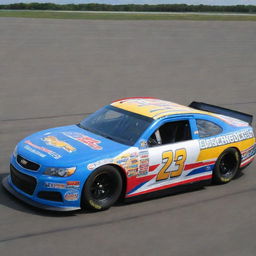 A Chevrolet car restyled into a NASCAR version, boasting vibrant colors, race-ready modifications, and garnished with a myriad of sponsorship logos.