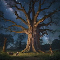 A magical forest under a starry night sky with mystical creatures frolicking between giant ancient trees