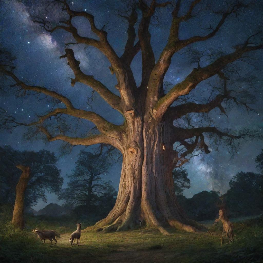 A magical forest under a starry night sky with mystical creatures frolicking between giant ancient trees
