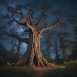 A magical forest under a starry night sky with mystical creatures frolicking between giant ancient trees