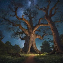 A magical forest under a starry night sky with mystical creatures frolicking between giant ancient trees