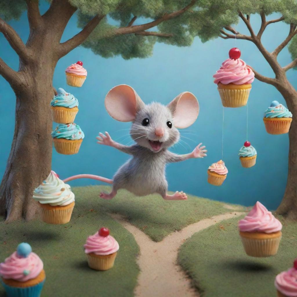 Depict a vibrant scene where a mouse steps into a magical world filled with walking trees and flying cupcakes, capturing the anticipation of exciting adventures that await each day.