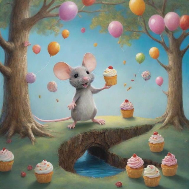 Depict a vibrant scene where a mouse steps into a magical world filled with walking trees and flying cupcakes, capturing the anticipation of exciting adventures that await each day.