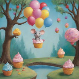 Depict a vibrant scene where a mouse steps into a magical world filled with walking trees and flying cupcakes, capturing the anticipation of exciting adventures that await each day.