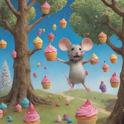 Depict a vibrant scene where a mouse steps into a magical world filled with walking trees and flying cupcakes, capturing the anticipation of exciting adventures that await each day.