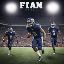 Dynamic, high-energy American football poster for 'Fiam Football', featuring bold typography, the team logo, and players in action under stadium lights.