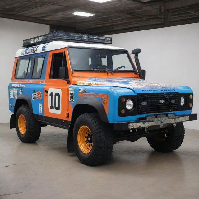 A Land Rover reshaped into a NASCAR edition, displaying bold colors, race-ready alterations, and bedecked with several sponsor logos.