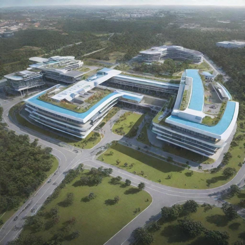 A futuristic rendition of Keta Senior High Technical School ten years into the future, showcasing advanced technology, architectural innovation, and a thriving, modern campus environment.