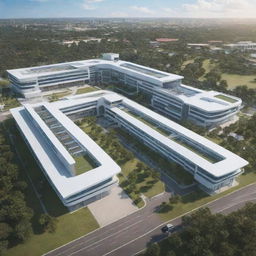 A futuristic rendition of Keta Senior High Technical School ten years into the future, showcasing advanced technology, architectural innovation, and a thriving, modern campus environment.