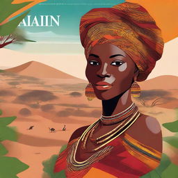 A detailed illustration of an African woman in Kenya, showcasing traditional attire and vibrant surroundings, suitable for a book cover