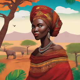 A detailed illustration of an African woman in Kenya, showcasing traditional attire and vibrant surroundings, suitable for a book cover