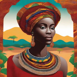 A detailed illustration of an African woman in Kenya, showcasing traditional attire and vibrant surroundings, suitable for a book cover