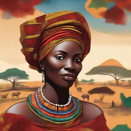 A detailed illustration of an African woman in Kenya, showcasing traditional attire and vibrant surroundings, suitable for a book cover