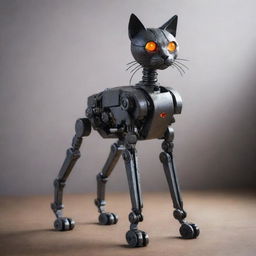 A sleek and sturdy robotic cat entirely made of iron, with glowing eyes and hydraulic joints, standing in a majestic stance.