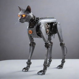 A sleek and sturdy robotic cat entirely made of iron, with glowing eyes and hydraulic joints, standing in a majestic stance.