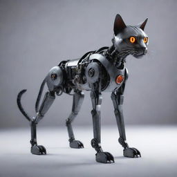 A sleek and sturdy robotic cat entirely made of iron, with glowing eyes and hydraulic joints, standing in a majestic stance.